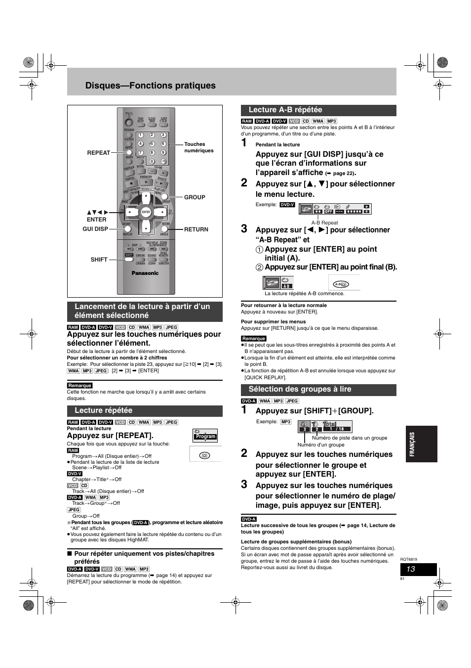 Disques—fonctions pratiques, Appuyez sur [repeat, Appuyez sur [shift] i [group | Lecture a-b répétée sélection des groupes à lire | Panasonic SCDP1 User Manual | Page 81 / 104