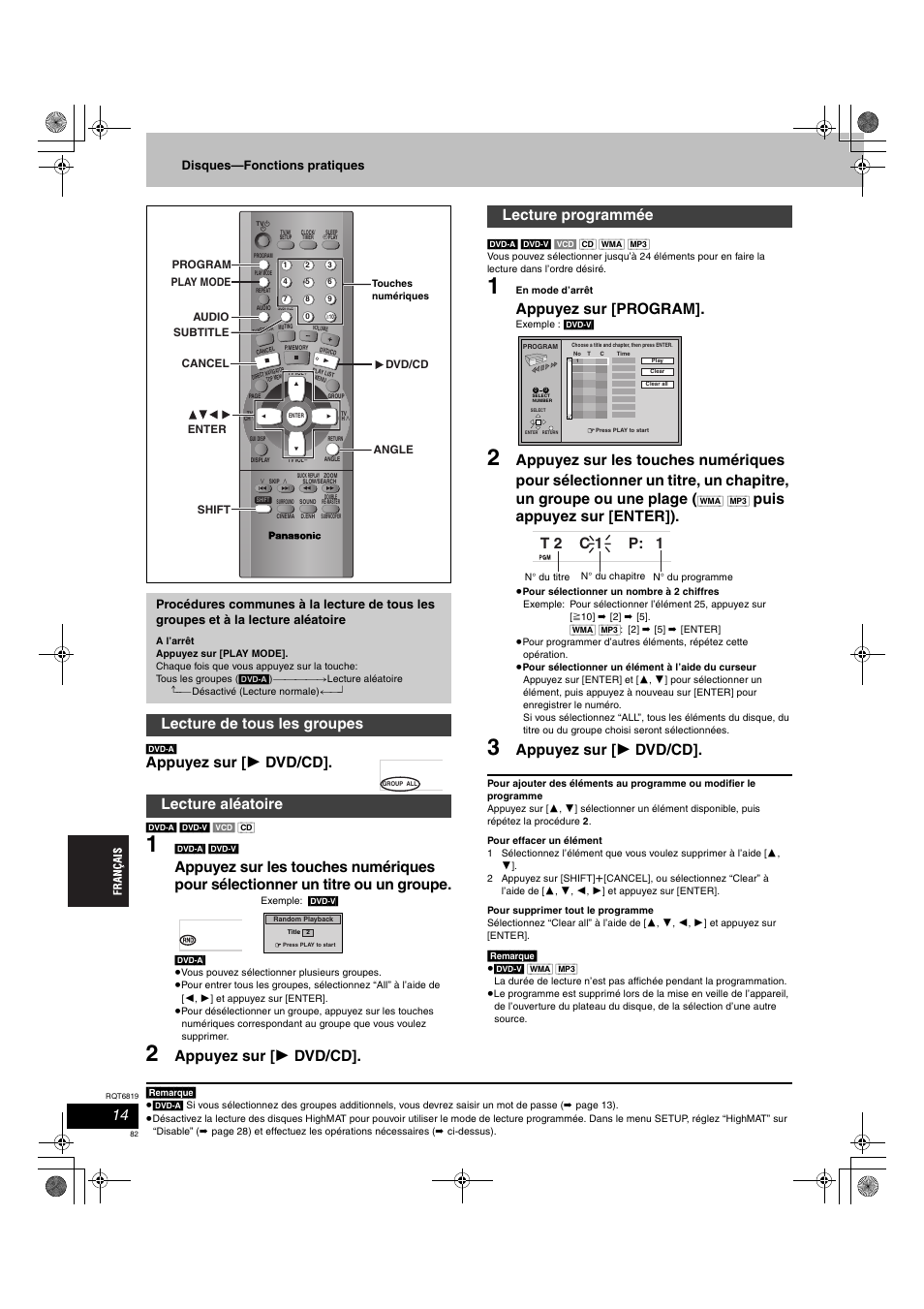 Appuyez sur [ 1 dvd/cd, Appuyez sur [program, Puis appuyez sur [enter]) | Lecture de tous les groupes lecture aléatoire, Lecture programmée, T 2 c 1 p: 1, Disques—fonctions pratiques | Panasonic SCDP1 User Manual | Page 82 / 104