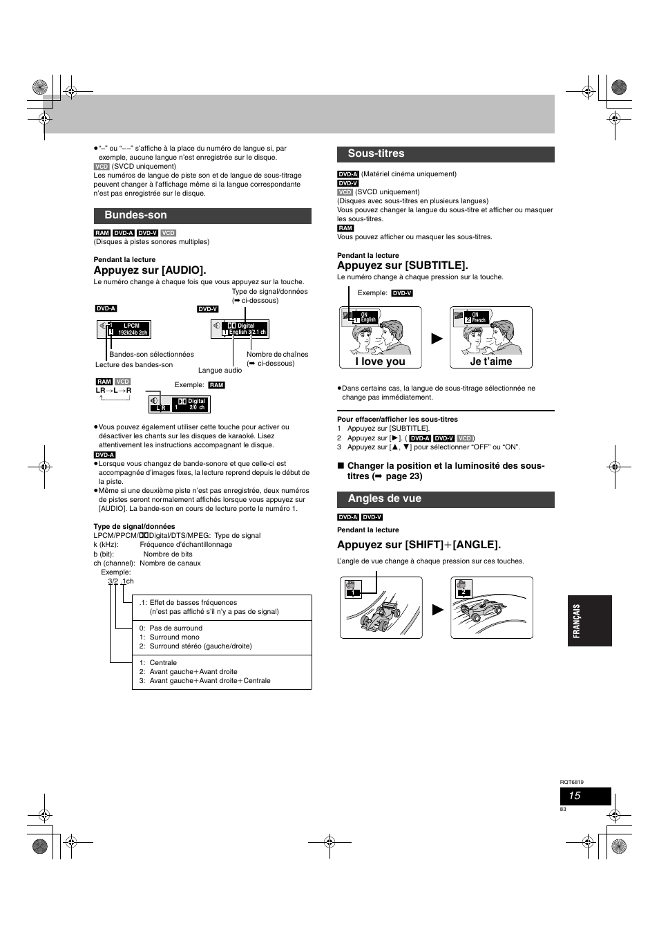 Appuyez sur [audio, Appuyez sur [subtitle, Appuyez sur [shift] i [angle | Bundes-son, Sous-titres angles de vue i love you, Je t’aime | Panasonic SCDP1 User Manual | Page 83 / 104