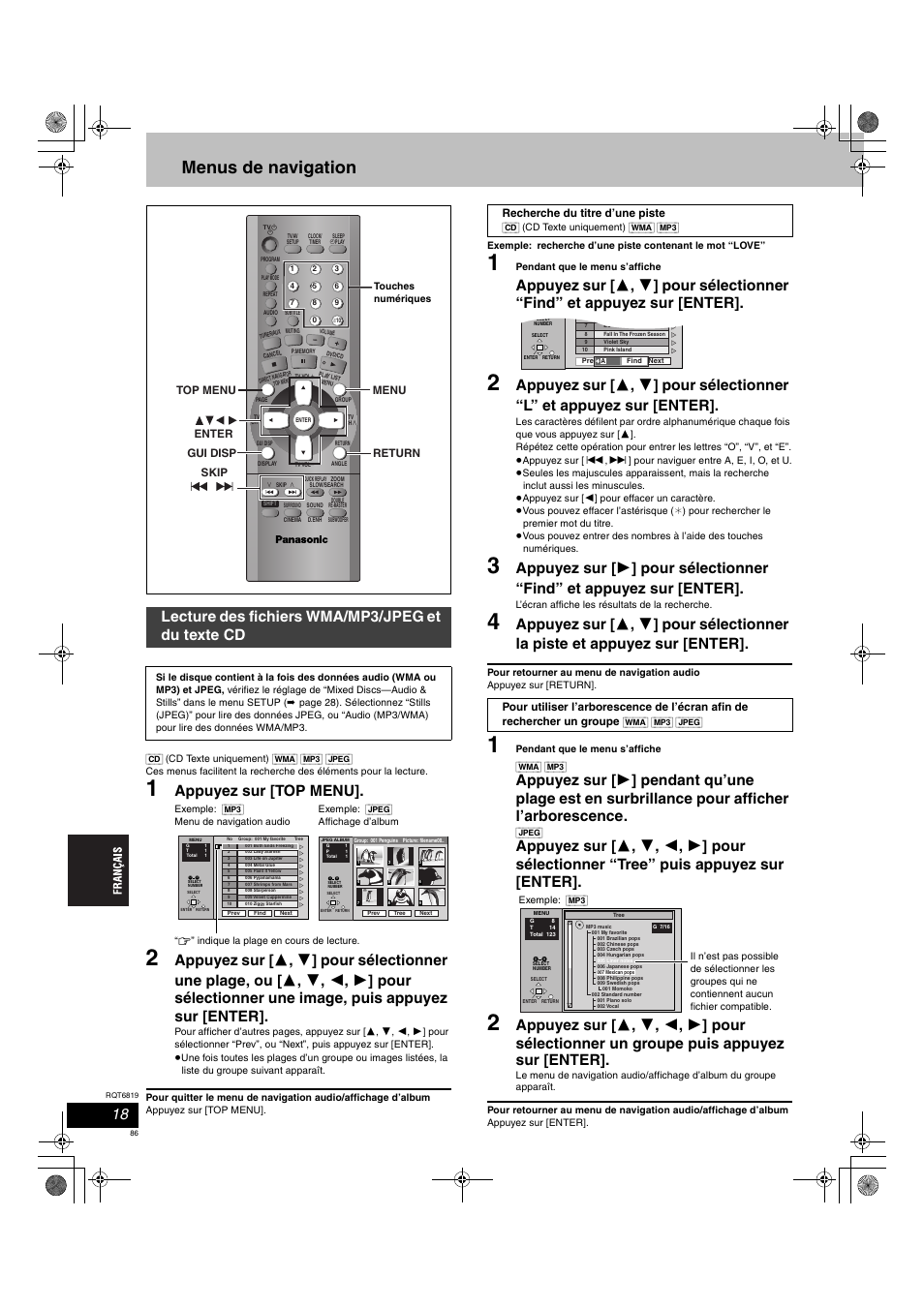 Menus de navigation, Appuyez sur [top menu, Lecture des fichiers wma/mp3/jpeg et du texte cd | Panasonic SCDP1 User Manual | Page 86 / 104