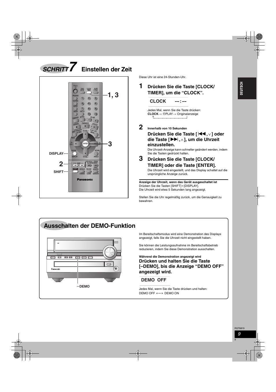 Schritt, Einstellen der zeit, Ausschalten der demo-funktion | Clock, Demo off, Ac in | Panasonic SCDP1 User Manual | Page 9 / 104