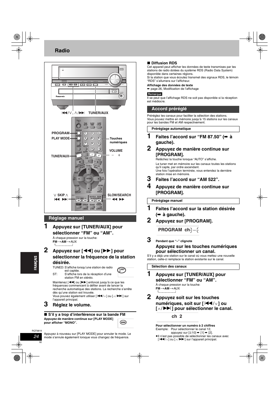 Radio, Réglez le volume, Faites l’accord sur “fm 87.50” ( ➡ à gauche) | Appuyez de manière continue sur [program, Faites l’accord sur “am 522, Appuyez sur [program, Réglage manuel, Accord préréglé, Program ch prog ch 2, Ac in | Panasonic SCDP1 User Manual | Page 92 / 104