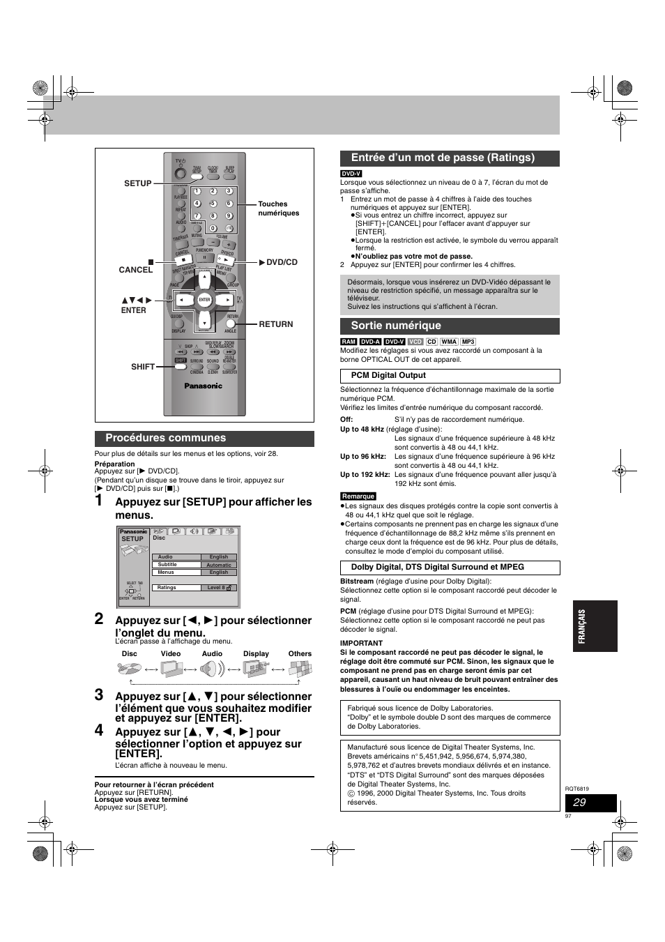 Appuyez sur [setup] pour afficher les menus, Procédures communes, Entrée d’un mot de passe (ratings) | Sortie numérique | Panasonic SCDP1 User Manual | Page 97 / 104