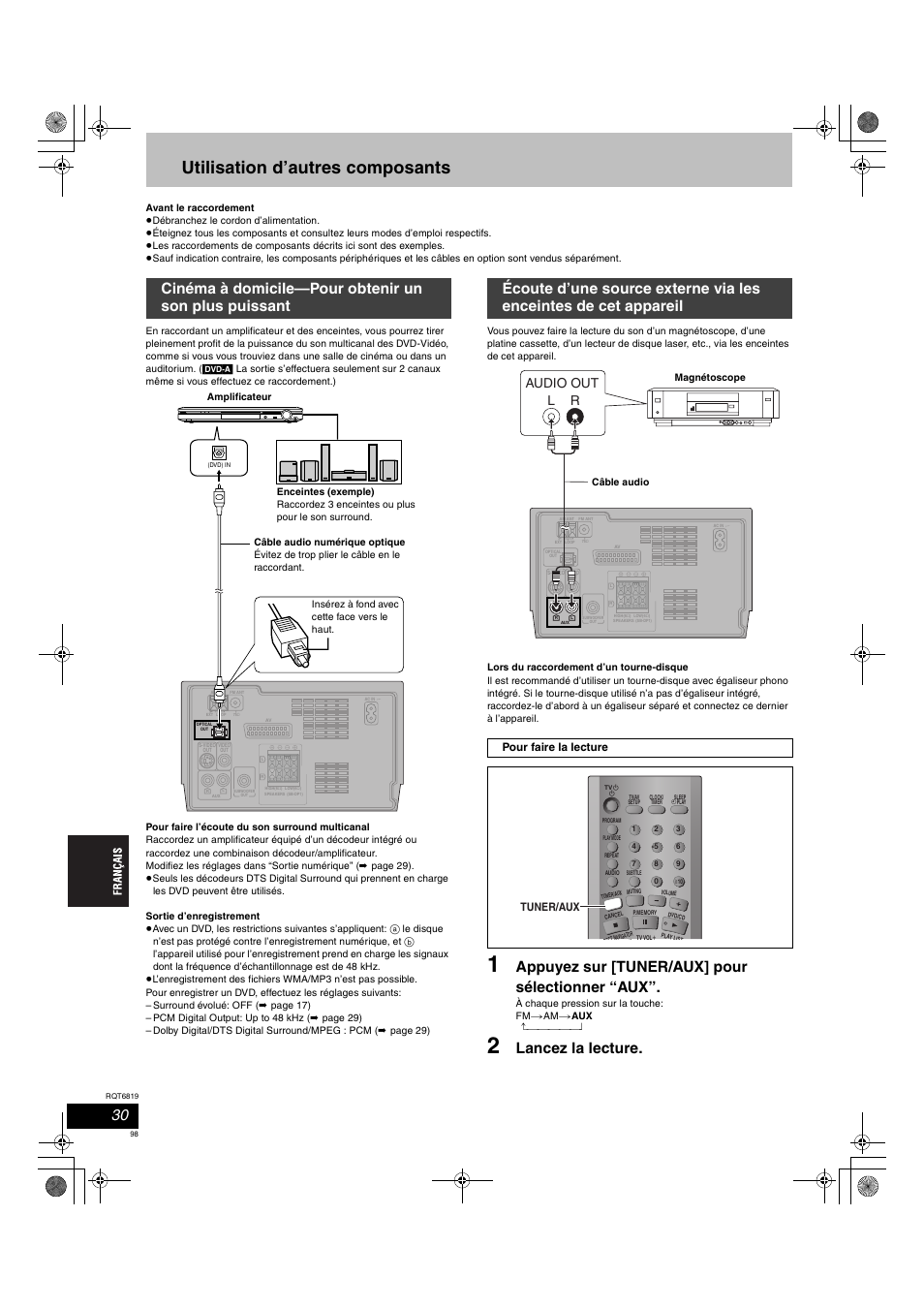 Utilisation d’autres composants, Appuyez sur [tuner/aux] pour sélectionner “aux, Volume | Audio out l r, Pour faire la lecture, Tuner/aux | Panasonic SCDP1 User Manual | Page 98 / 104