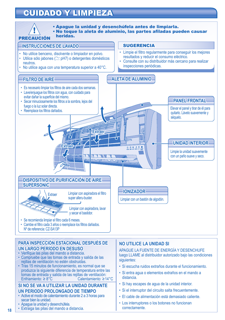 Cuidado y limpieza | Panasonic KITE9HKEA User Manual | Page 18 / 56