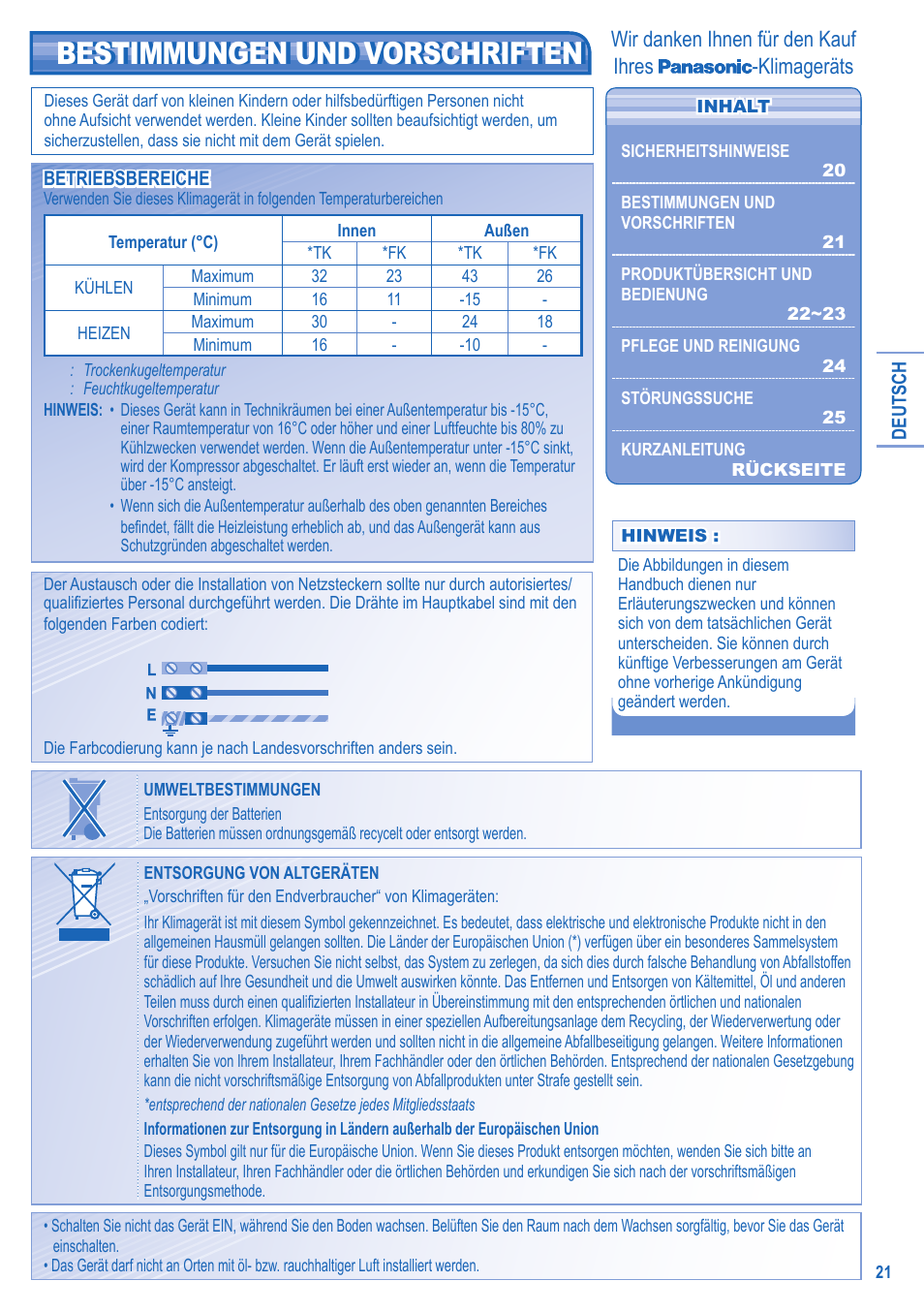 Bestimmungen und vorschriften, Wir danken ihnen für den kauf ihres -klimageräts | Panasonic KITE9HKEA User Manual | Page 21 / 56