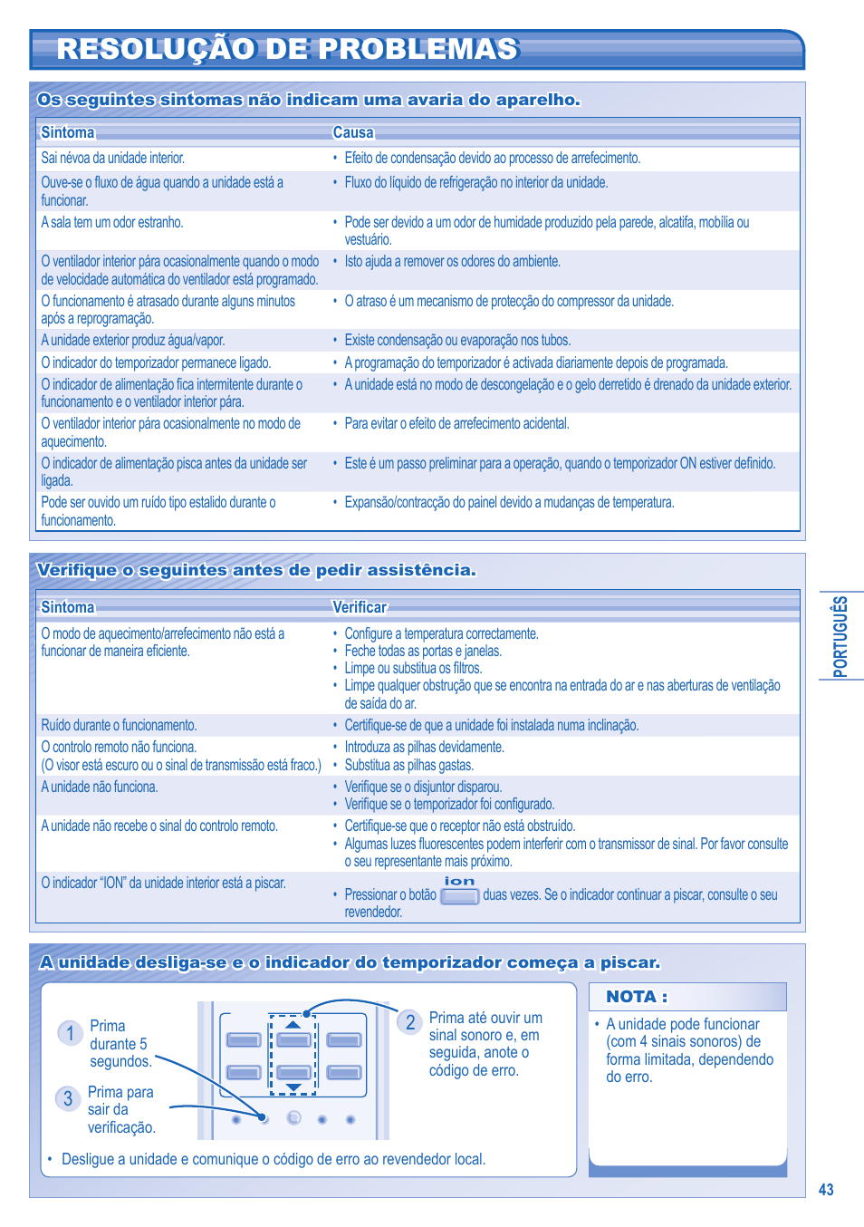Resolução de problemas | Panasonic KITE9HKEA User Manual | Page 43 / 56