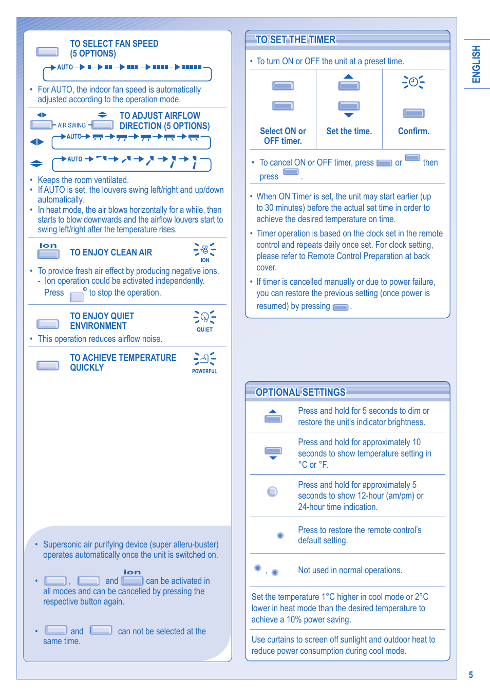 English to set the timer to set the timer, Optional settings optional settings | Panasonic KITE9HKEA User Manual | Page 5 / 56