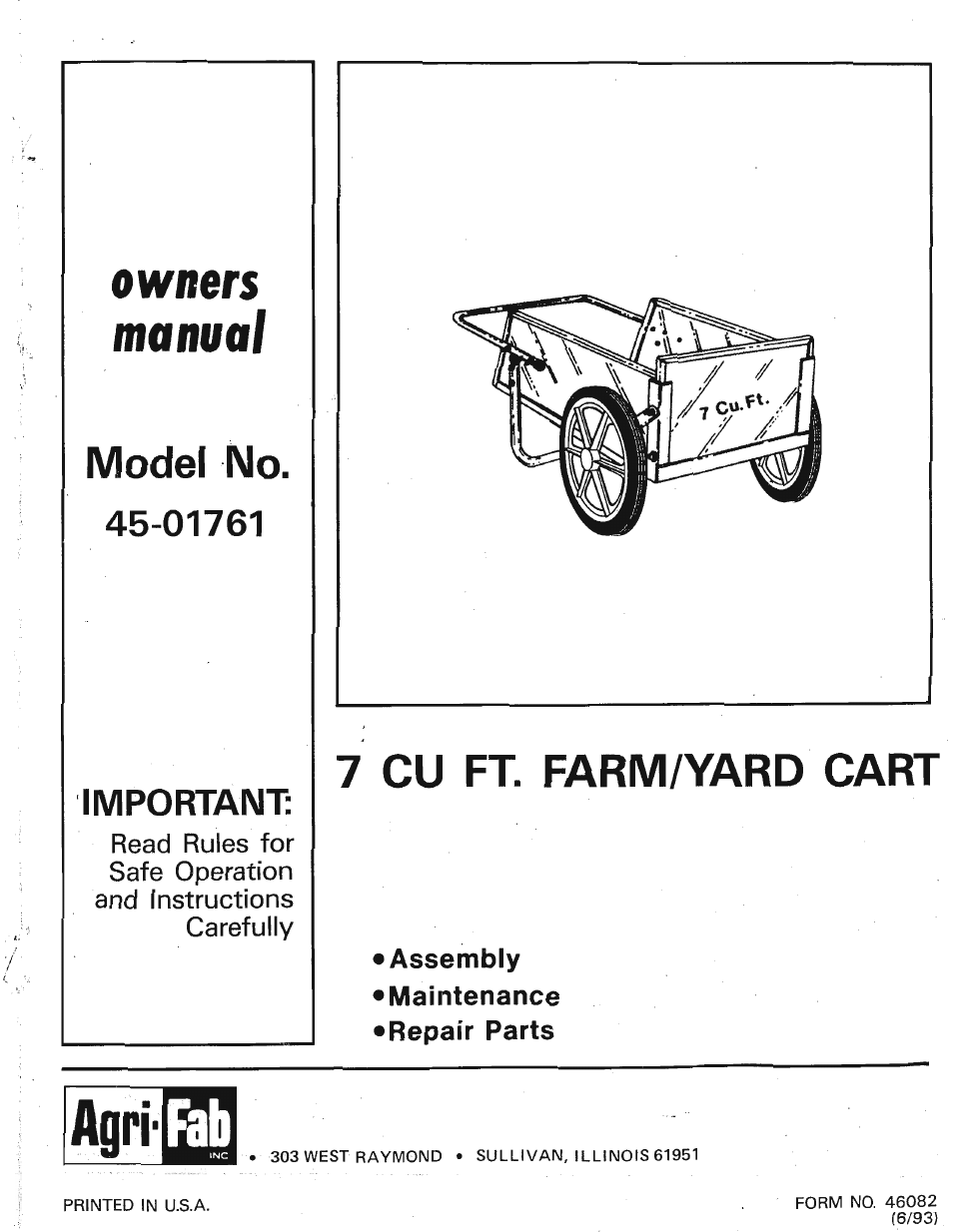 Agri-Fab 7 cu ft. Farm/Garden Cart 45-01761 User Manual | 8 pages