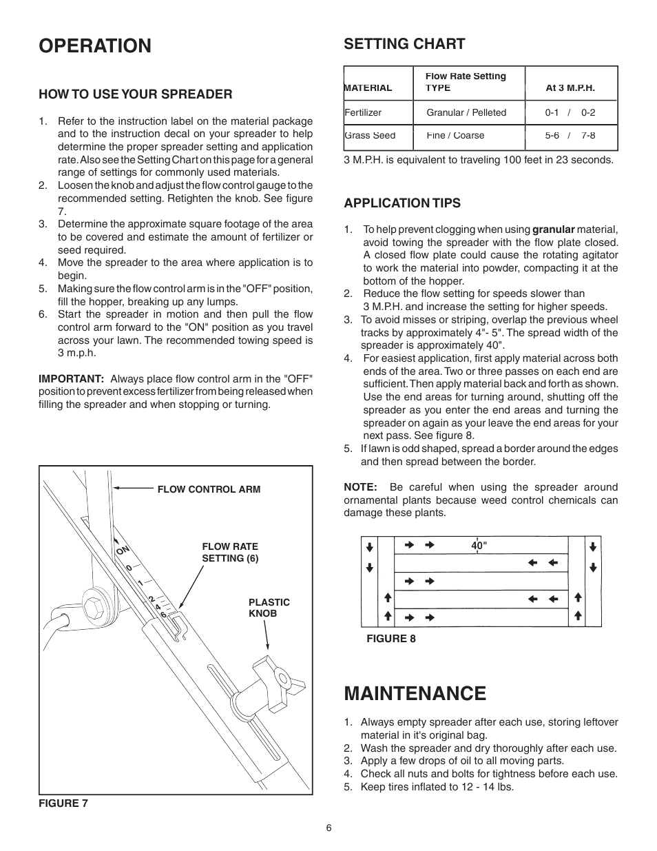 Maintenance, Operation, Setting chart | Agri-Fab 45-02881 User Manual | Page 6 / 8