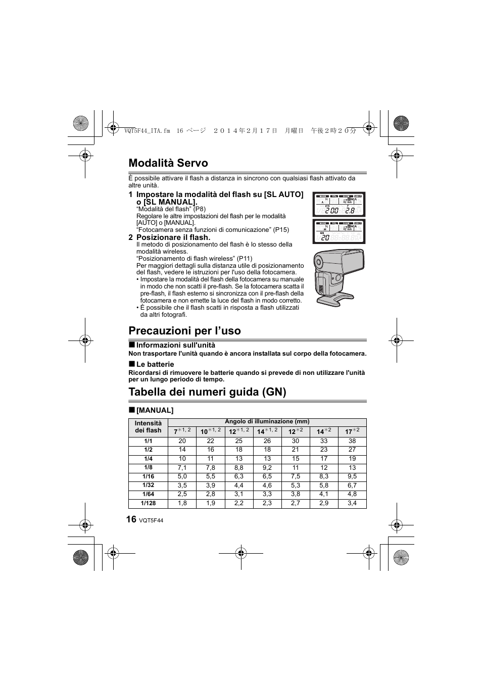 Modalità servo, Precauzioni per l’uso, Tabella dei numeri guida (gn) | Panasonic DMWFL580LPP User Manual | Page 100 / 224