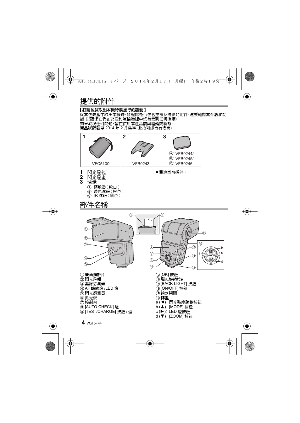 提供的附件, 部件名稱 | Panasonic DMWFL580LPP User Manual | Page 106 / 224