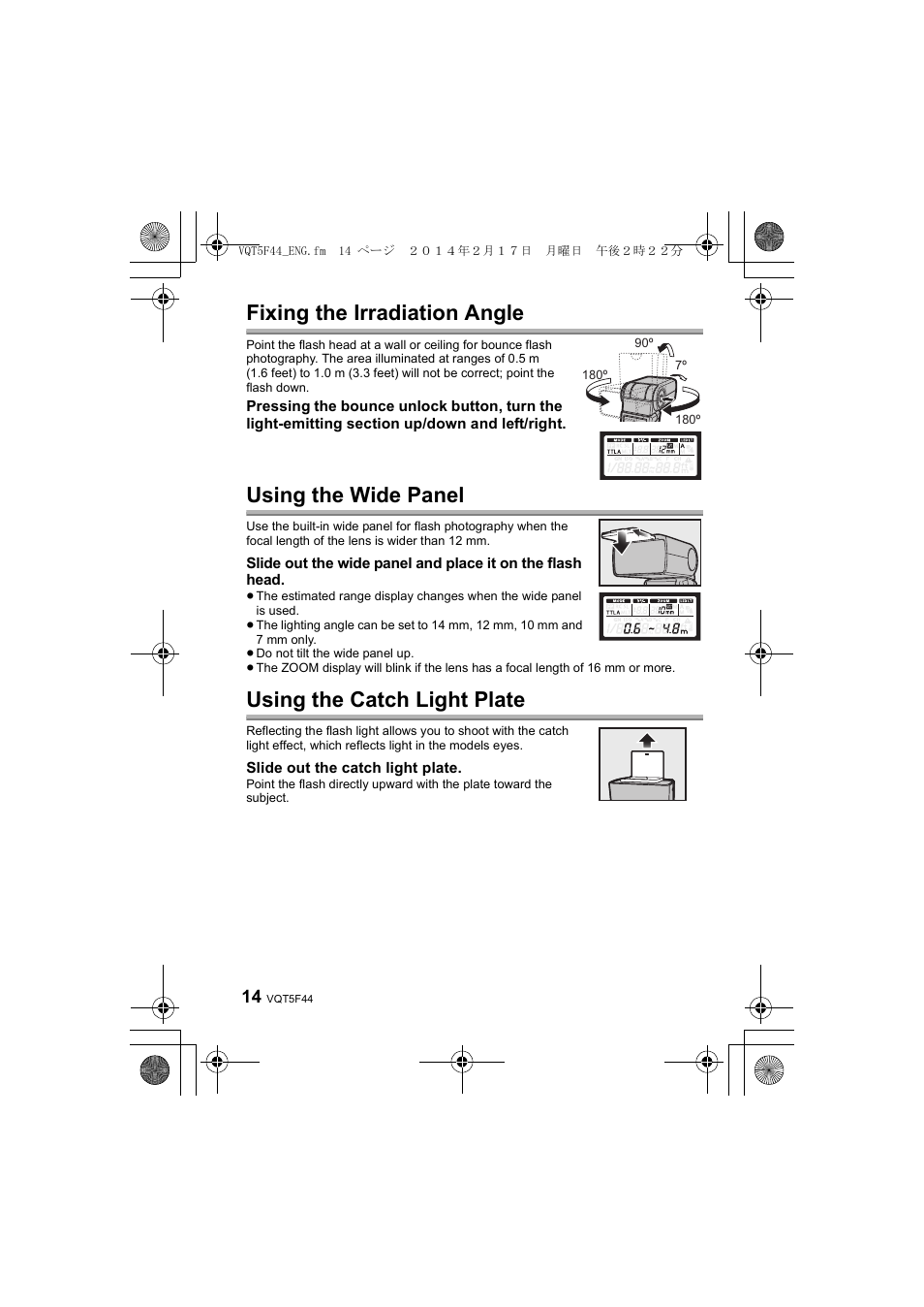 Fixing the irradiation angle, Using the wide panel, Using the catch light plate | Panasonic DMWFL580LPP User Manual | Page 14 / 224