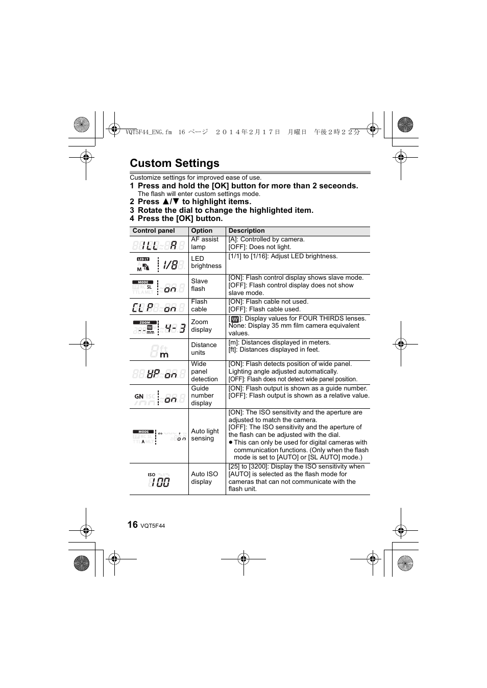 Custom settings | Panasonic DMWFL580LPP User Manual | Page 16 / 224