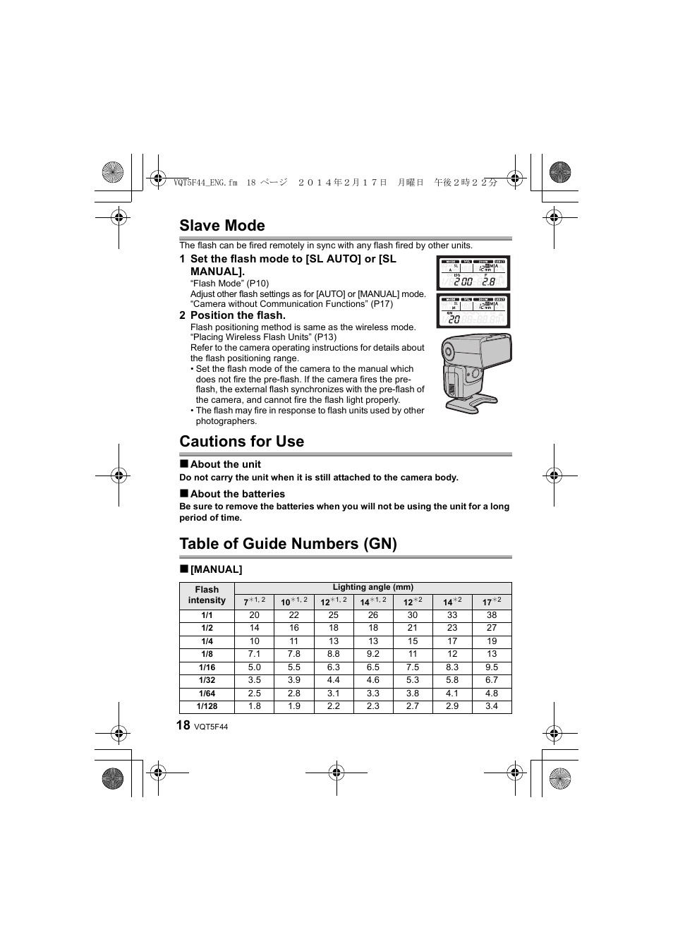 Slave mode, Cautions for use, Table of guide numbers (gn) | Panasonic DMWFL580LPP User Manual | Page 18 / 224