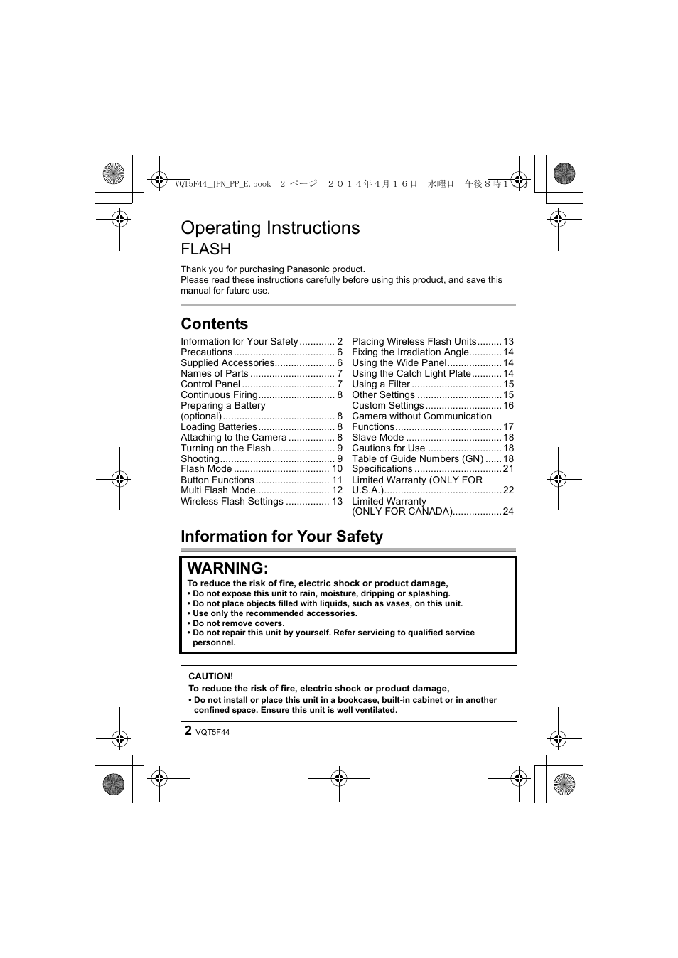 Operating instructions, Flash, Contents information for your safety | Warning | Panasonic DMWFL580LPP User Manual | Page 2 / 224