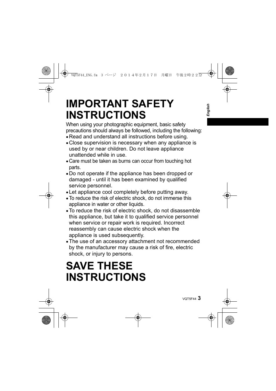 Important safety instructions, Save these instructions | Panasonic DMWFL580LPP User Manual | Page 3 / 224