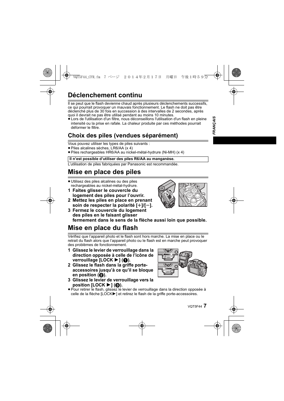Déclenchement continu, Mise en place des piles, Mise en place du flash | Choix des piles (vendues séparément) | Panasonic DMWFL580LPP User Manual | Page 31 / 224