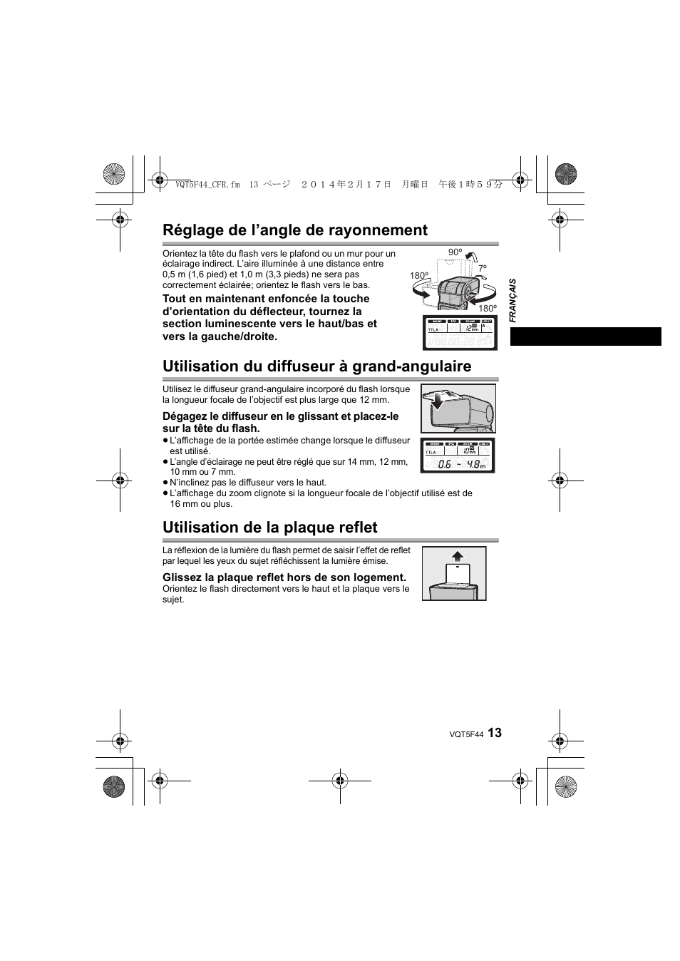 Réglage de l’angle de rayonnement, Utilisation du diffuseur à grand-angulaire, Utilisation de la plaque reflet | Panasonic DMWFL580LPP User Manual | Page 37 / 224
