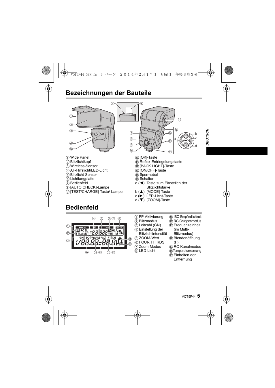 Bezeichnungen der bauteile bedienfeld | Panasonic DMWFL580LPP User Manual | Page 51 / 224