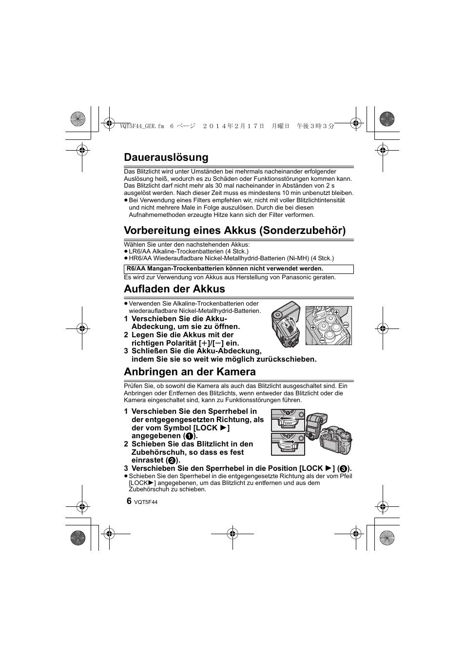 Dauerauslösung, Vorbereitung eines akkus (sonderzubehör), Aufladen der akkus | Anbringen an der kamera | Panasonic DMWFL580LPP User Manual | Page 52 / 224