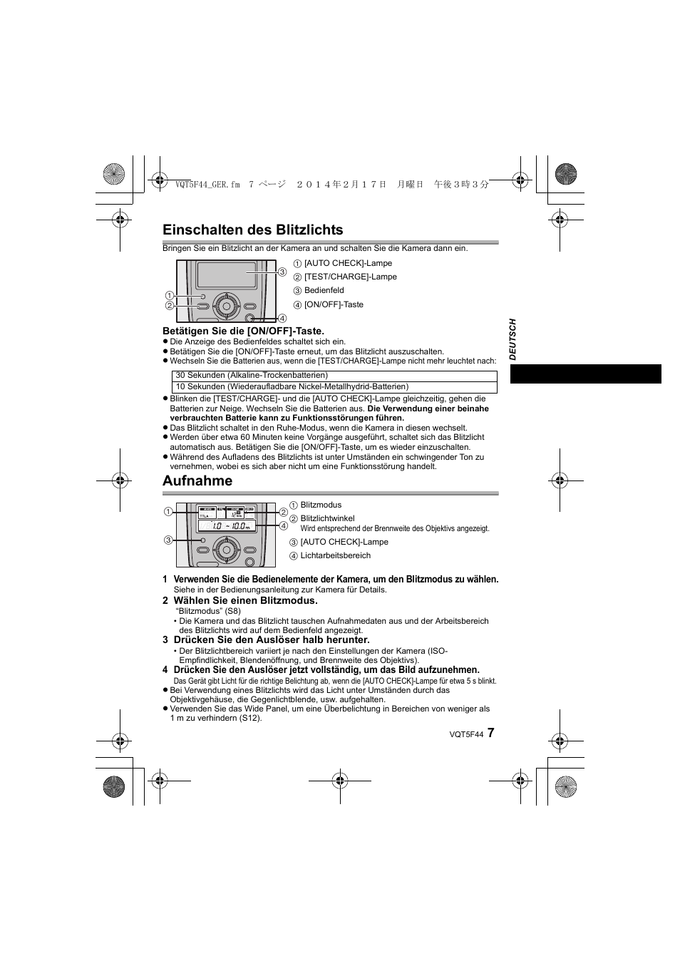 Einschalten des blitzlichts, Aufnahme | Panasonic DMWFL580LPP User Manual | Page 53 / 224