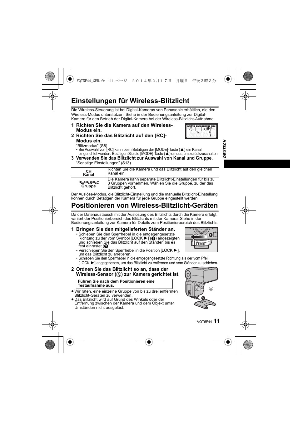 Einstellungen für wireless-blitzlicht, Positionieren von wireless-blitzlicht-geräten | Panasonic DMWFL580LPP User Manual | Page 57 / 224