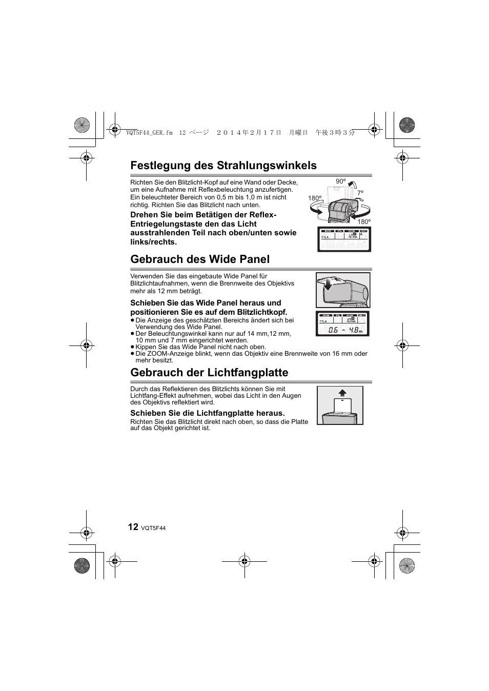 Festlegung des strahlungswinkels, Gebrauch des wide panel, Gebrauch der lichtfangplatte | Panasonic DMWFL580LPP User Manual | Page 58 / 224