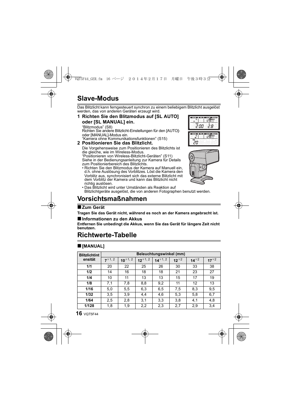 Slave-modus, Vorsichtsmaßnahmen, Richtwerte-tabelle | Panasonic DMWFL580LPP User Manual | Page 62 / 224