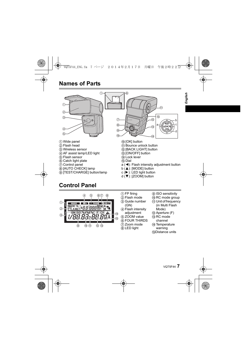 Names of parts control panel | Panasonic DMWFL580LPP User Manual | Page 7 / 224