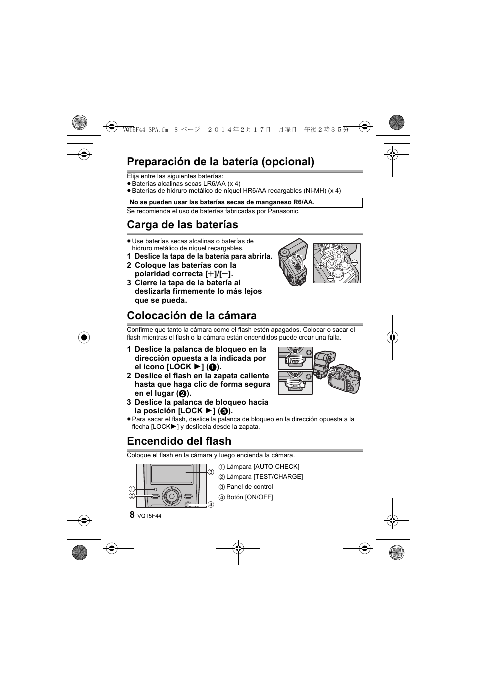 Preparación de la batería (opcional), Carga de las baterías, Colocación de la cámara | Encendido del flash | Panasonic DMWFL580LPP User Manual | Page 72 / 224