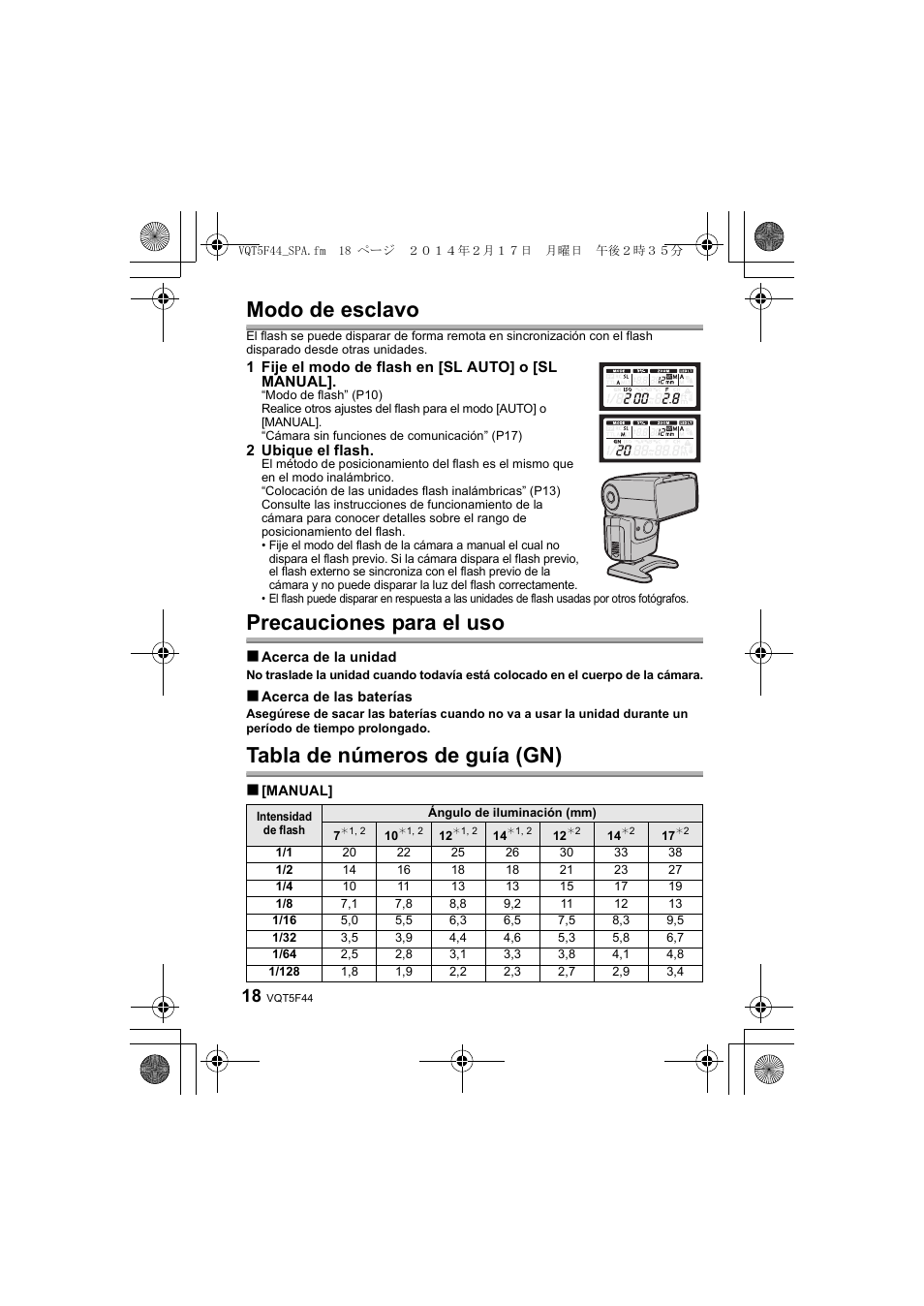 Modo de esclavo, Precauciones para el uso, Tabla de números de guía (gn) | Panasonic DMWFL580LPP User Manual | Page 82 / 224