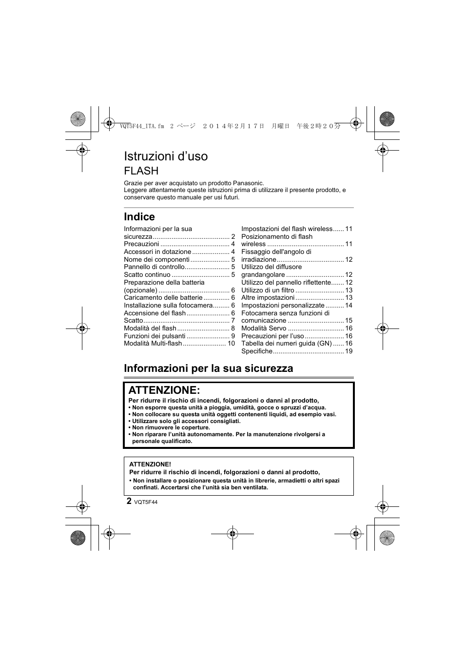 Istruzioni d’uso, Flash, Indice informazioni per la sua sicurezza | Attenzione | Panasonic DMWFL580LPP User Manual | Page 86 / 224