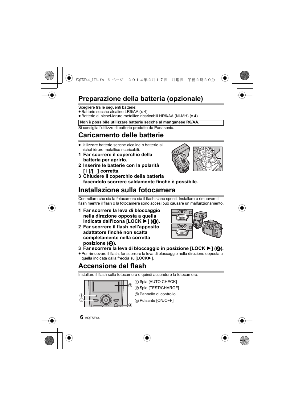 Preparazione della batteria (opzionale), Caricamento delle batterie, Installazione sulla fotocamera | Accensione del flash | Panasonic DMWFL580LPP User Manual | Page 90 / 224