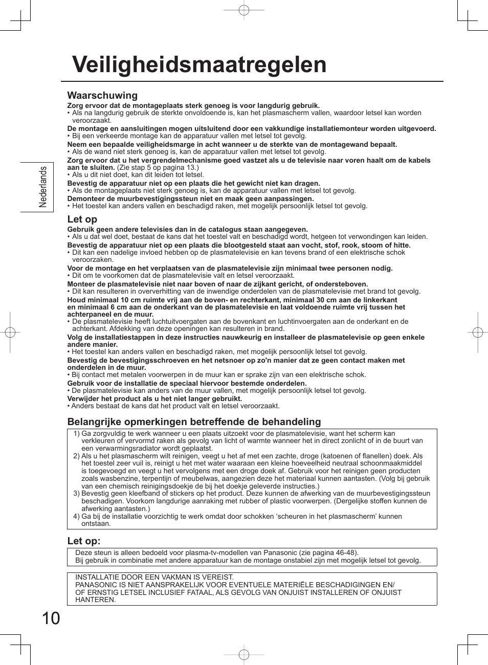 Veiligheidsmaatregelen, Nederlands, Waarschuwing | Let op, Belangrijke opmerkingen betreffende de behandeling | Panasonic TYWK42PV4W User Manual | Page 10 / 52