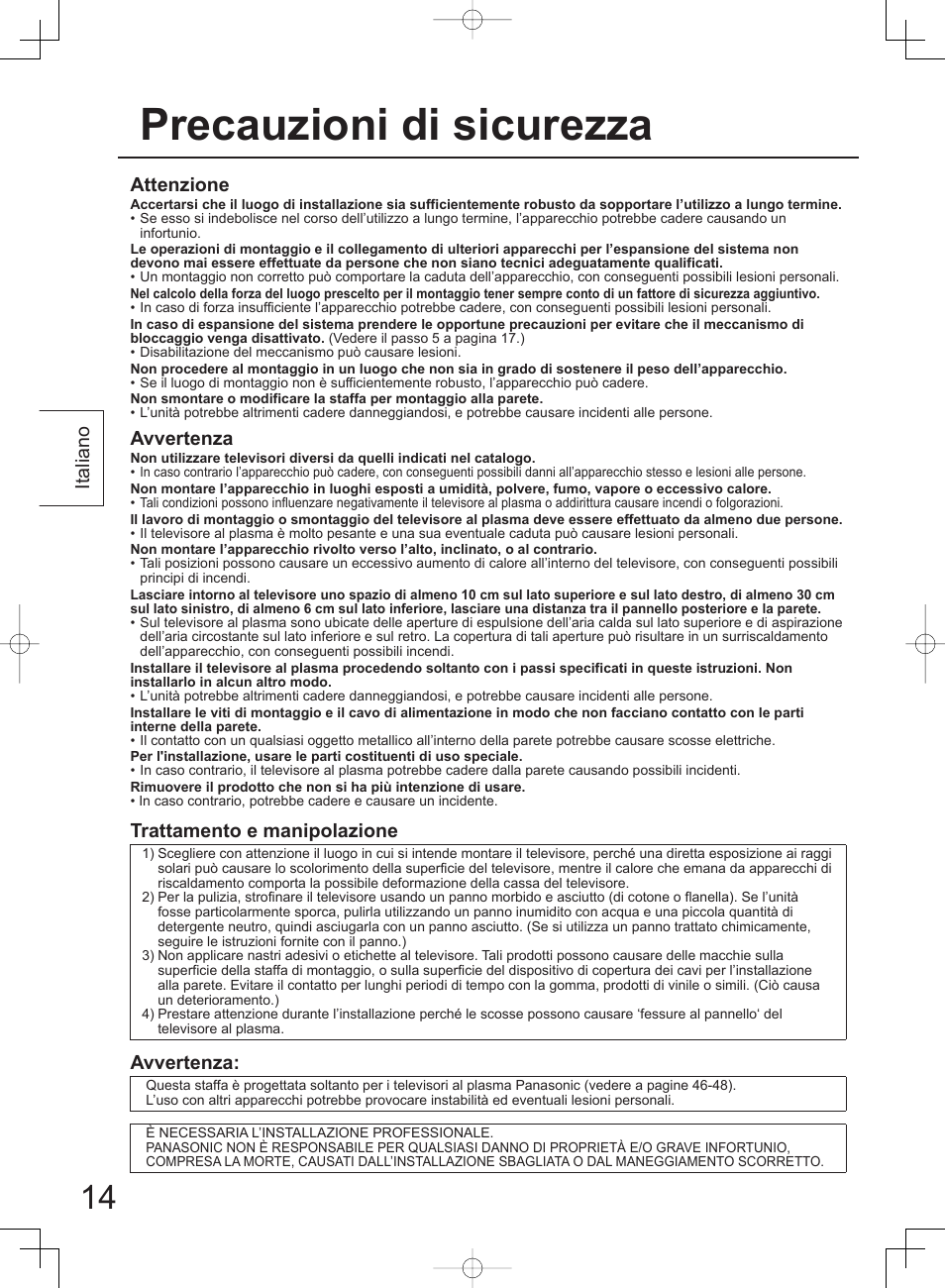 Precauzioni di sicurezza, Italiano attenzione, Avvertenza | Trattamento e manipolazione | Panasonic TYWK42PV4W User Manual | Page 14 / 52