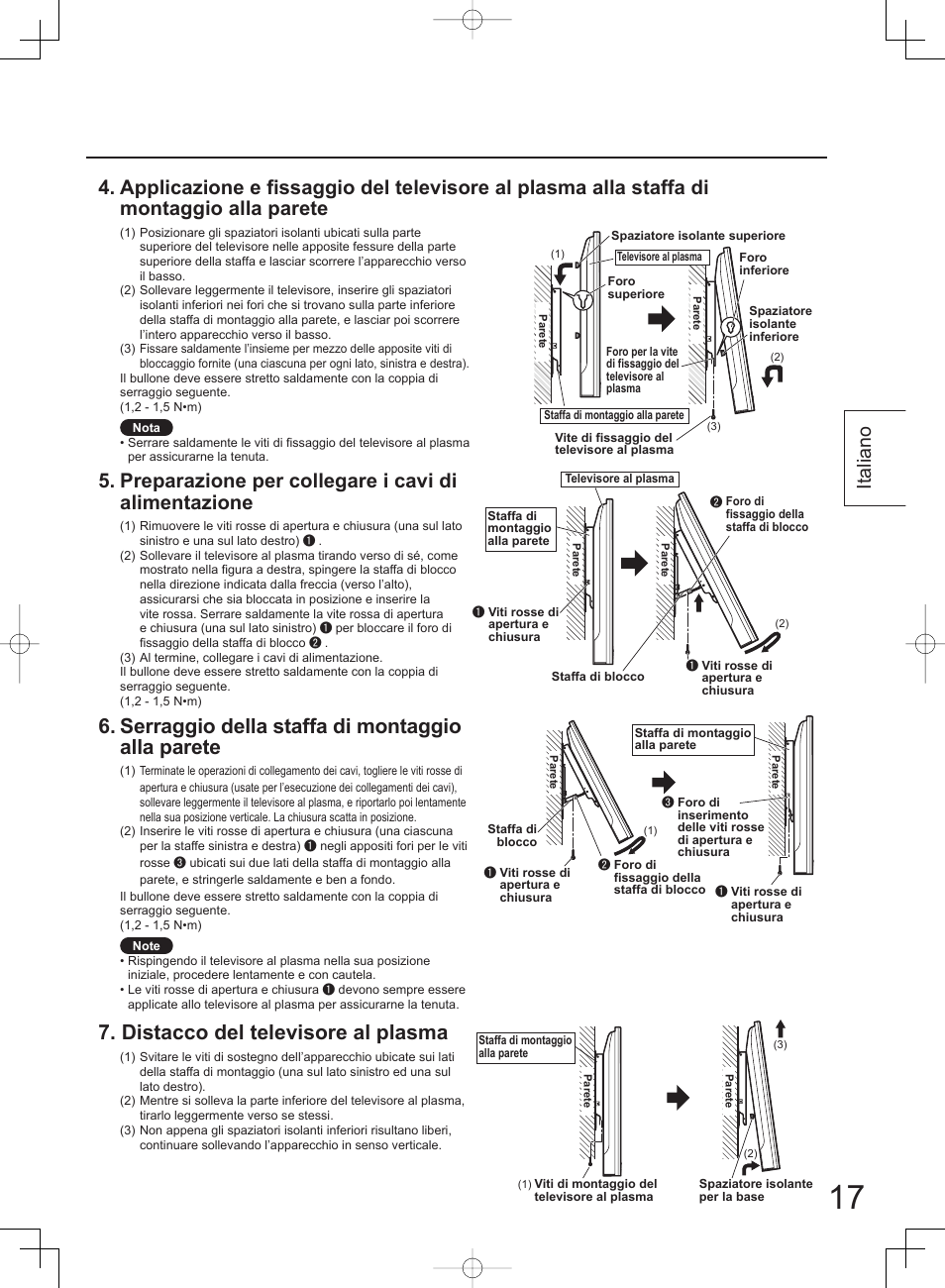 Serraggio della staffa di montaggio alla parete, Distacco del televisore al plasma, Preparazione per collegare i cavi di alimentazione | Italiano | Panasonic TYWK42PV4W User Manual | Page 17 / 52