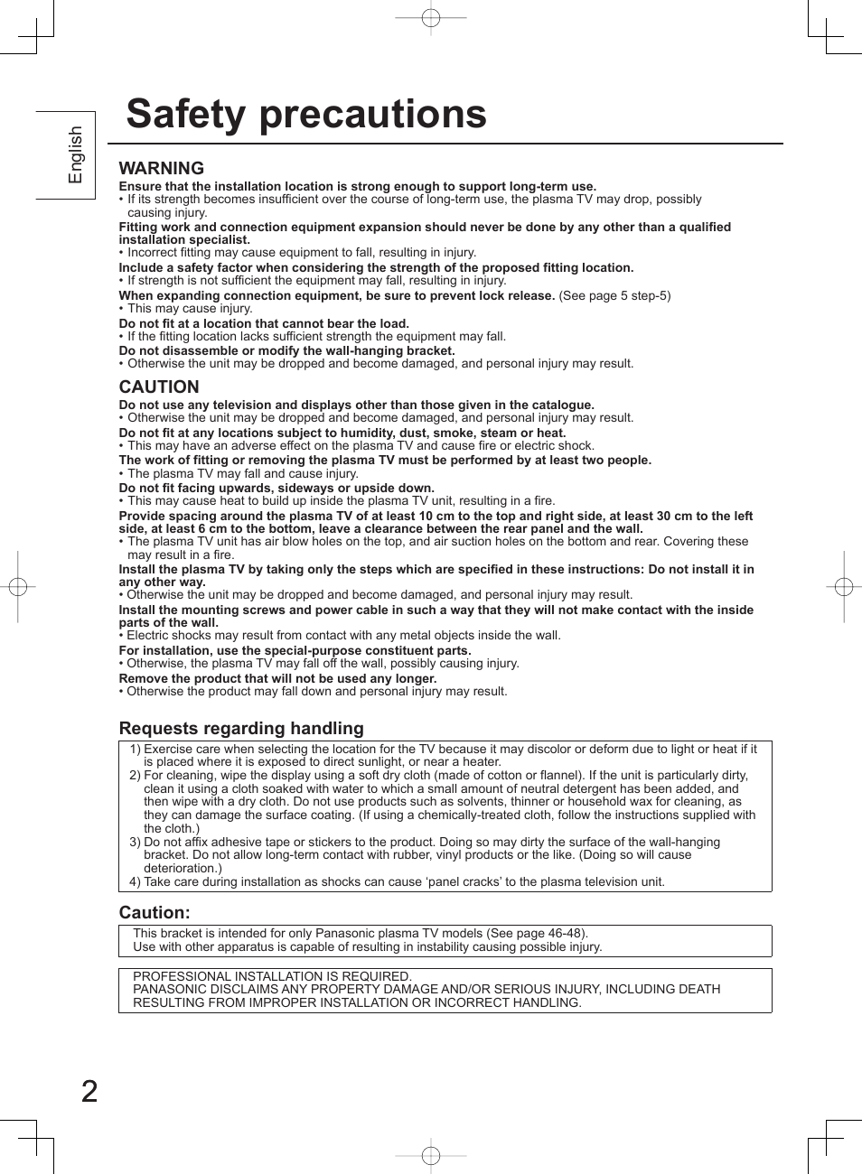 Safety precautions, English, Warning | Caution, Requests regarding handling | Panasonic TYWK42PV4W User Manual | Page 2 / 52