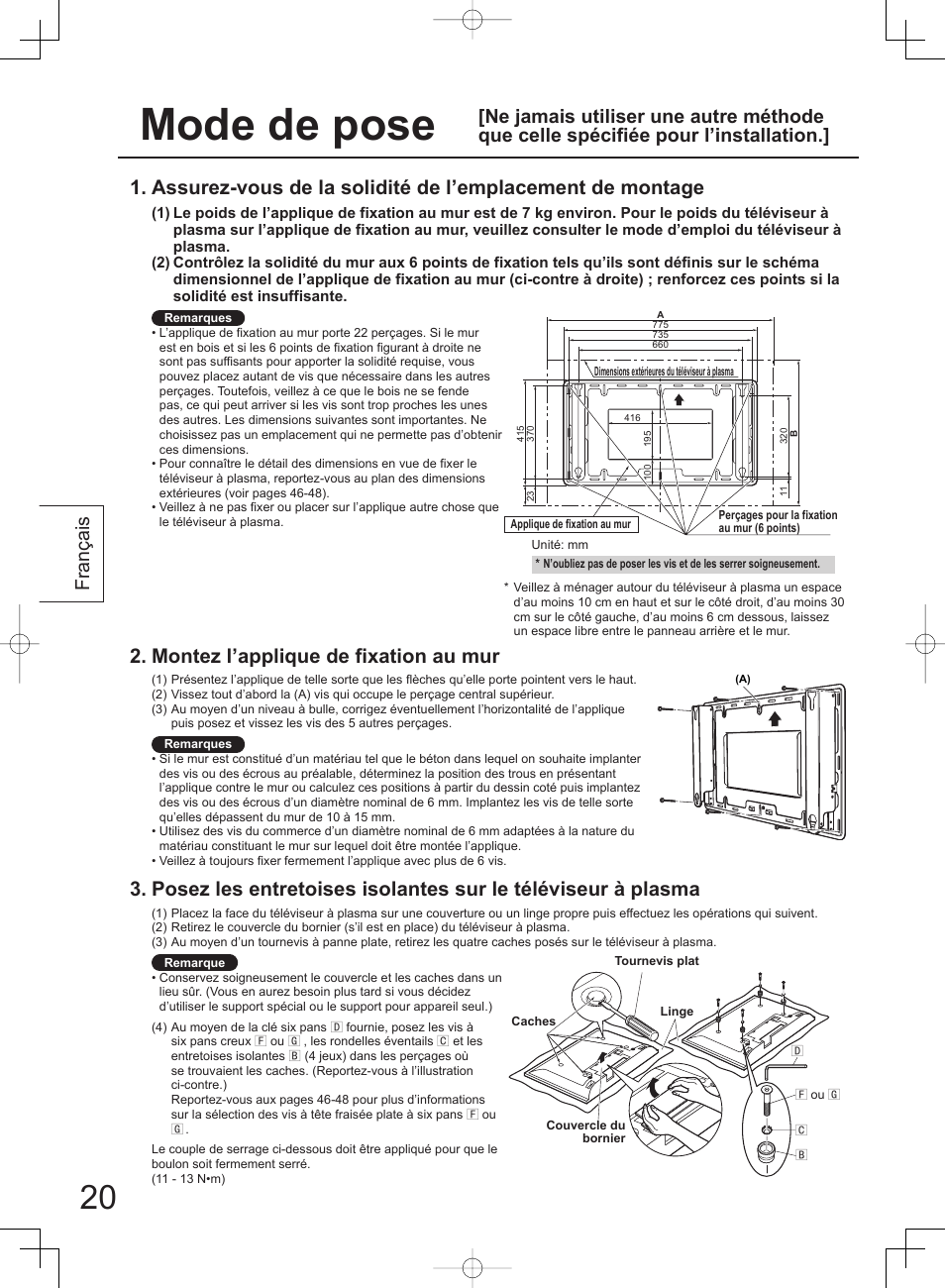 Mode de pose, Montez l’applique de fixation au mur, Français | Panasonic TYWK42PV4W User Manual | Page 20 / 52