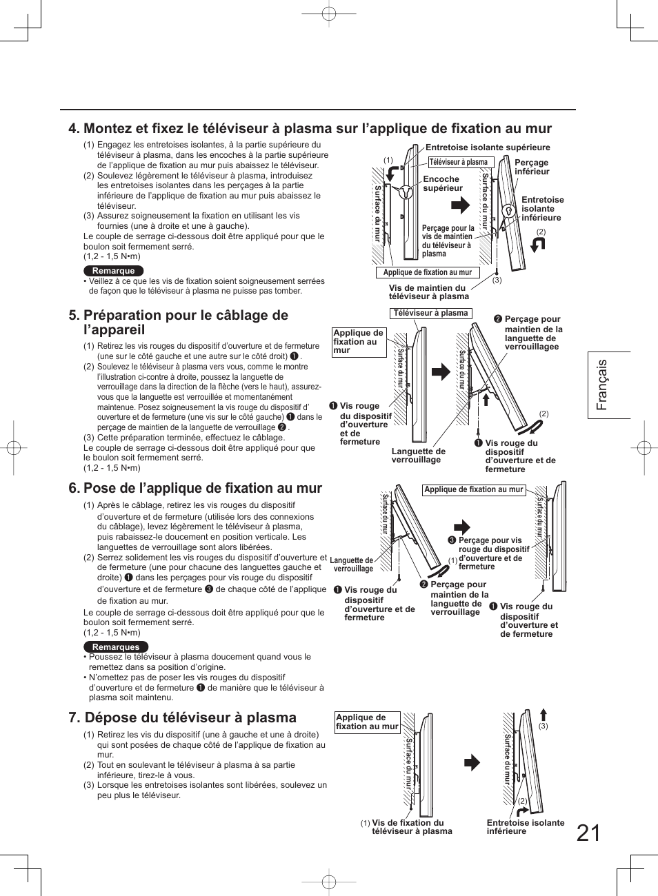 Pose de l’applique de fixation au mur, Dépose du téléviseur à plasma, Préparation pour le câblage de l’appareil | Français | Panasonic TYWK42PV4W User Manual | Page 21 / 52