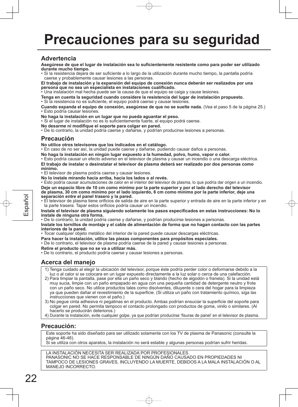 Precauciones para su seguridad, Español advertencia, Precaución | Acerca del manejo | Panasonic TYWK42PV4W User Manual | Page 22 / 52