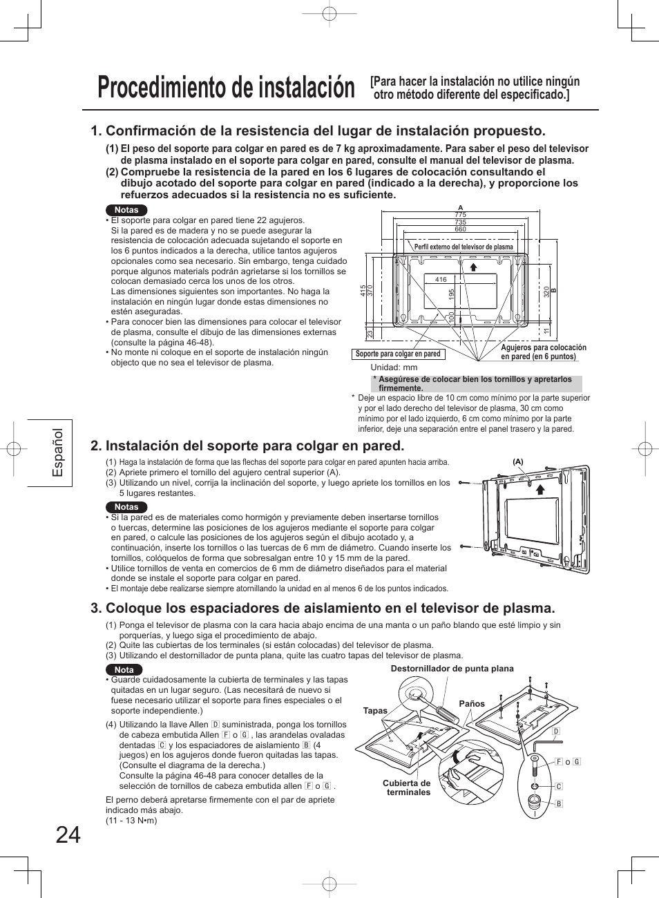 Procedimiento de instalación, Instalación del soporte para colgar en pared, Español | Panasonic TYWK42PV4W User Manual | Page 24 / 52