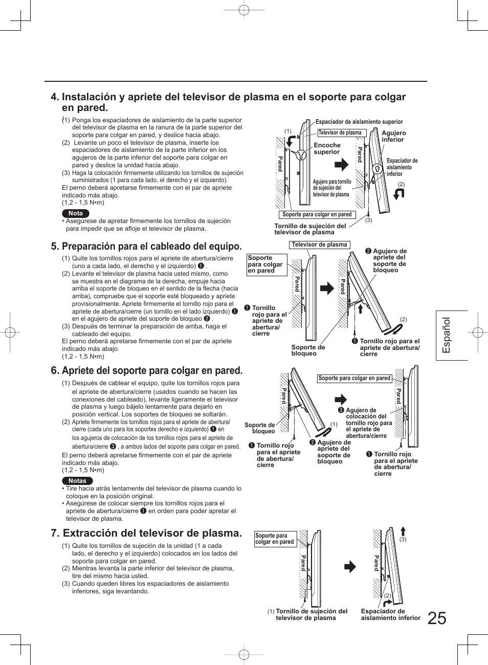 Apriete del soporte para colgar en pared, Extracción del televisor de plasma, Preparación para el cableado del equipo | Español | Panasonic TYWK42PV4W User Manual | Page 25 / 52