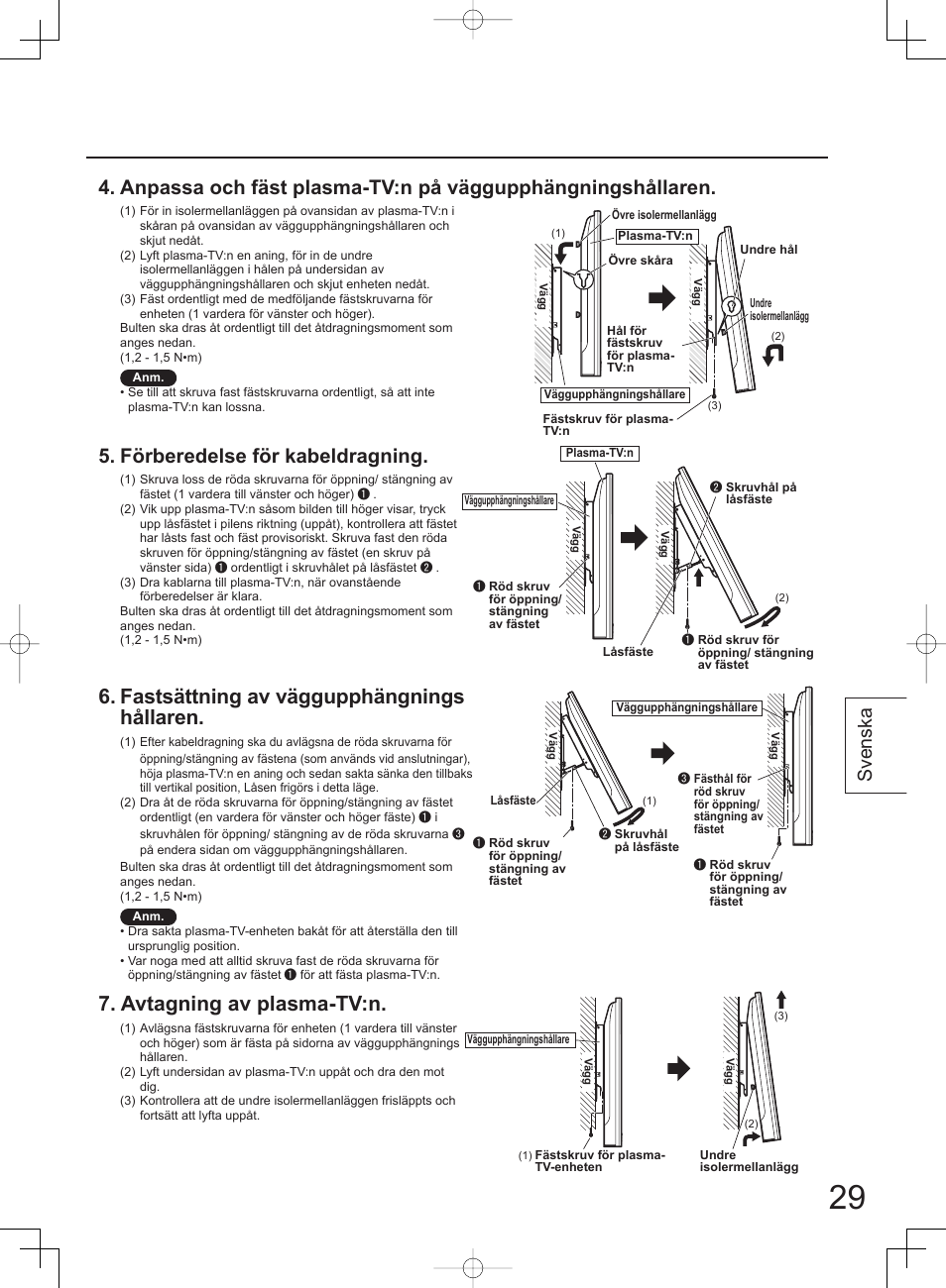 Fastsättning av väggupphängnings hållaren, Avtagning av plasma-tv:n, Förberedelse för kabeldragning | Svenska | Panasonic TYWK42PV4W User Manual | Page 29 / 52