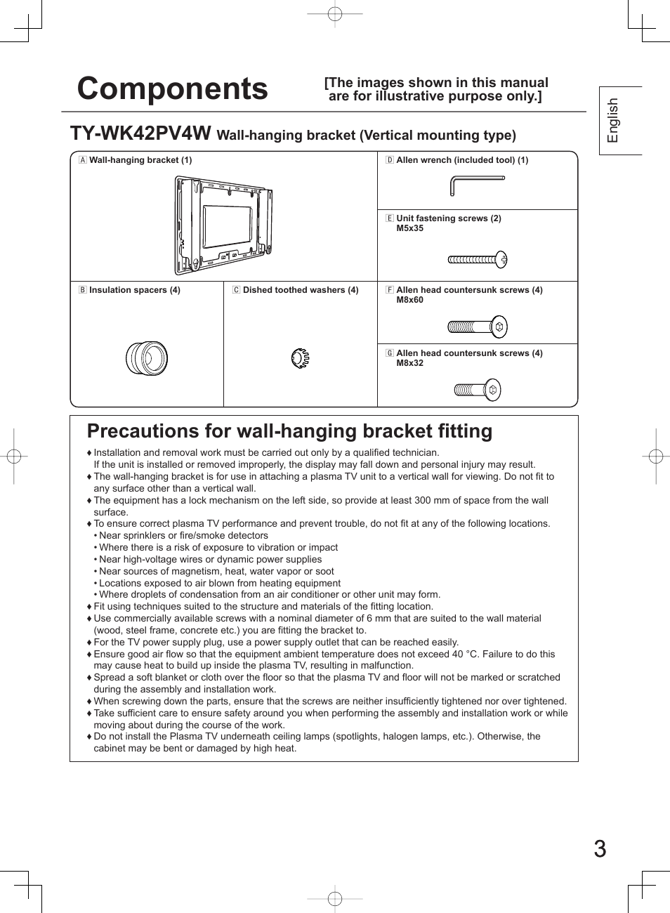 Components, Ty-wk42pv4w, Precautions for wall-hanging bracket fitting | Panasonic TYWK42PV4W User Manual | Page 3 / 52