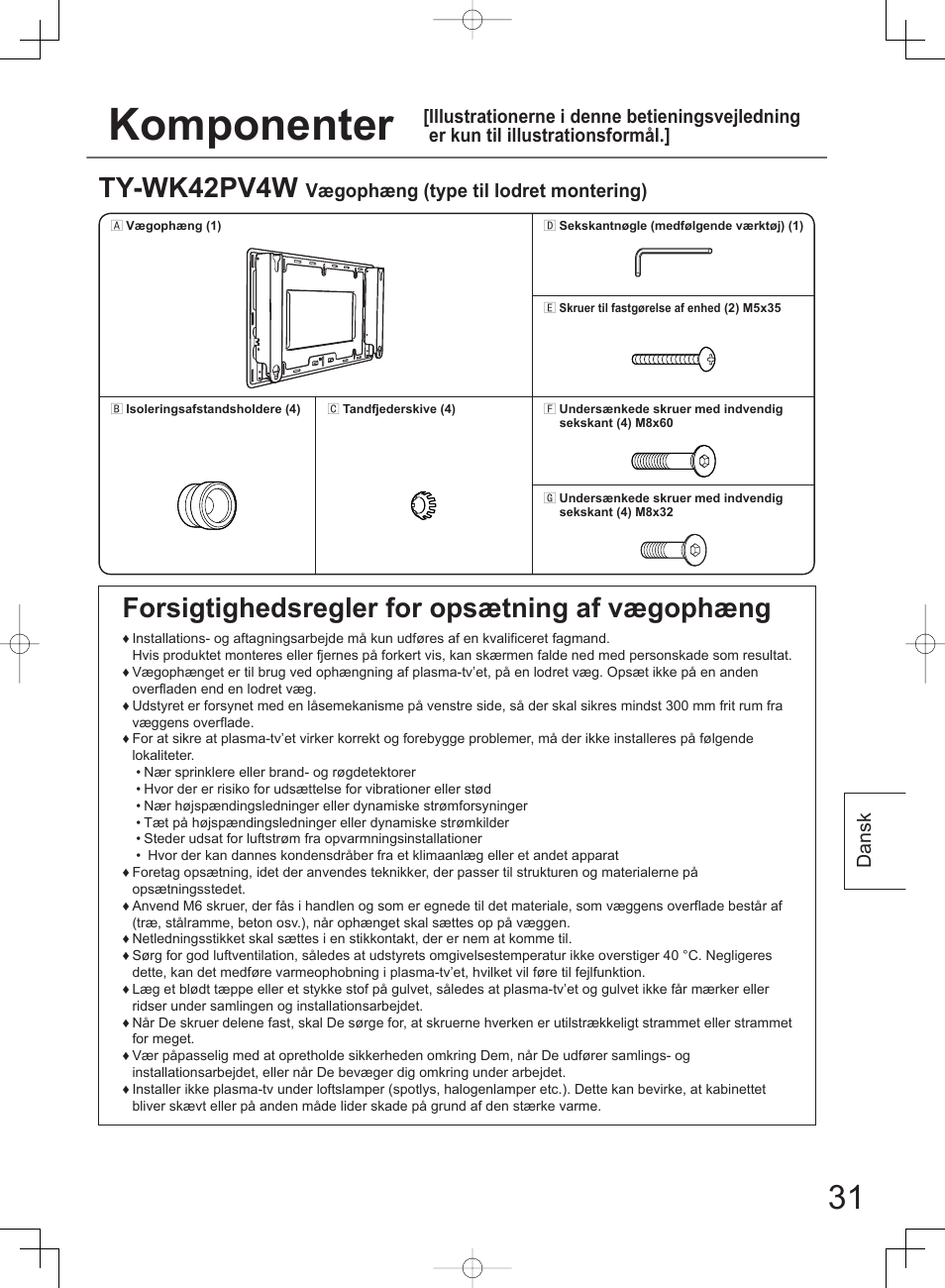 Komponenter, Ty-wk42pv4w, Forsigtighedsregler for opsætning af vægophæng | Dansk, Vægophæng (type til lodret montering) | Panasonic TYWK42PV4W User Manual | Page 31 / 52