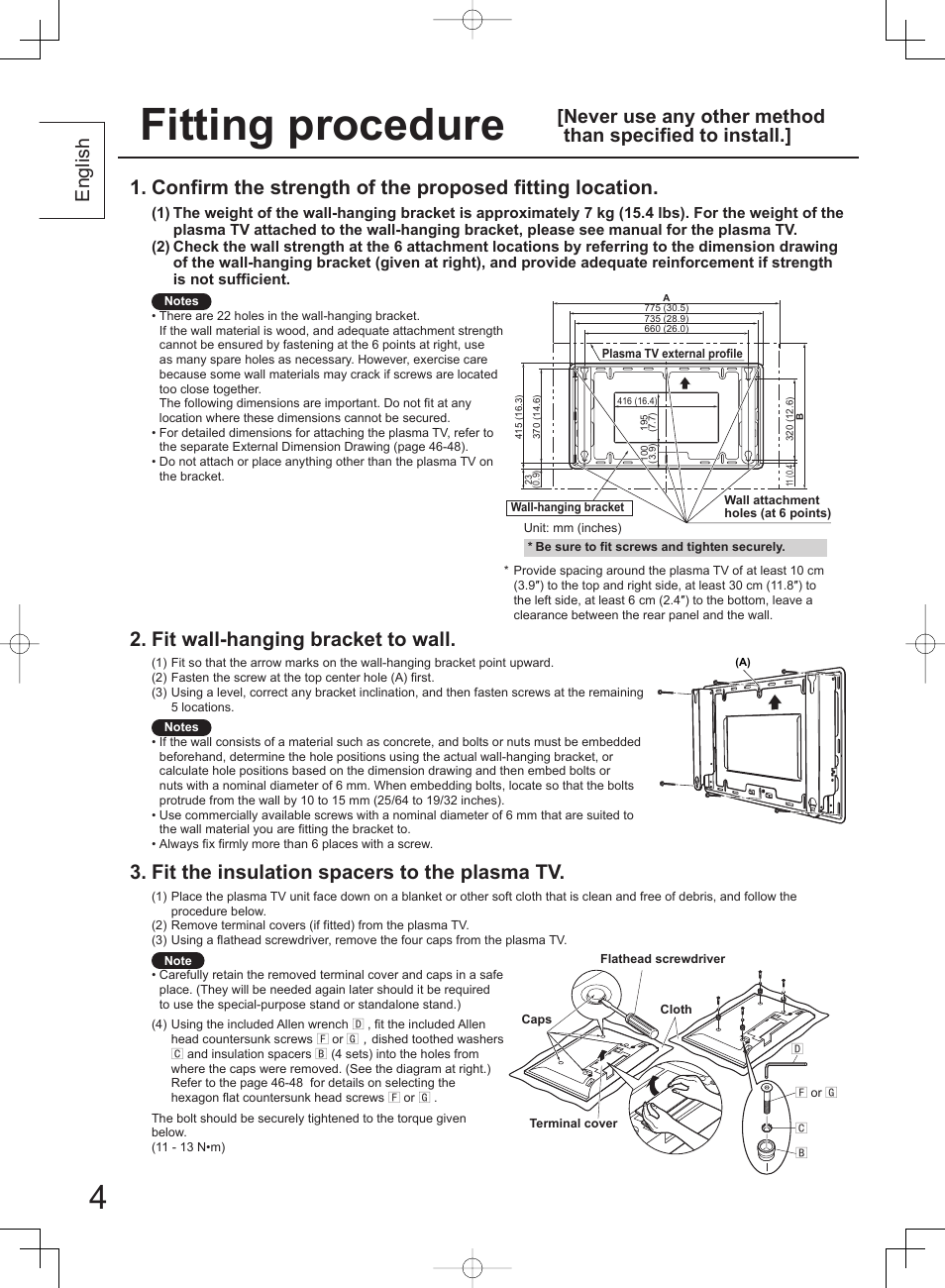 Fitting procedure, Fit wall-hanging bracket to wall, Fit the insulation spacers to the plasma tv | English | Panasonic TYWK42PV4W User Manual | Page 4 / 52