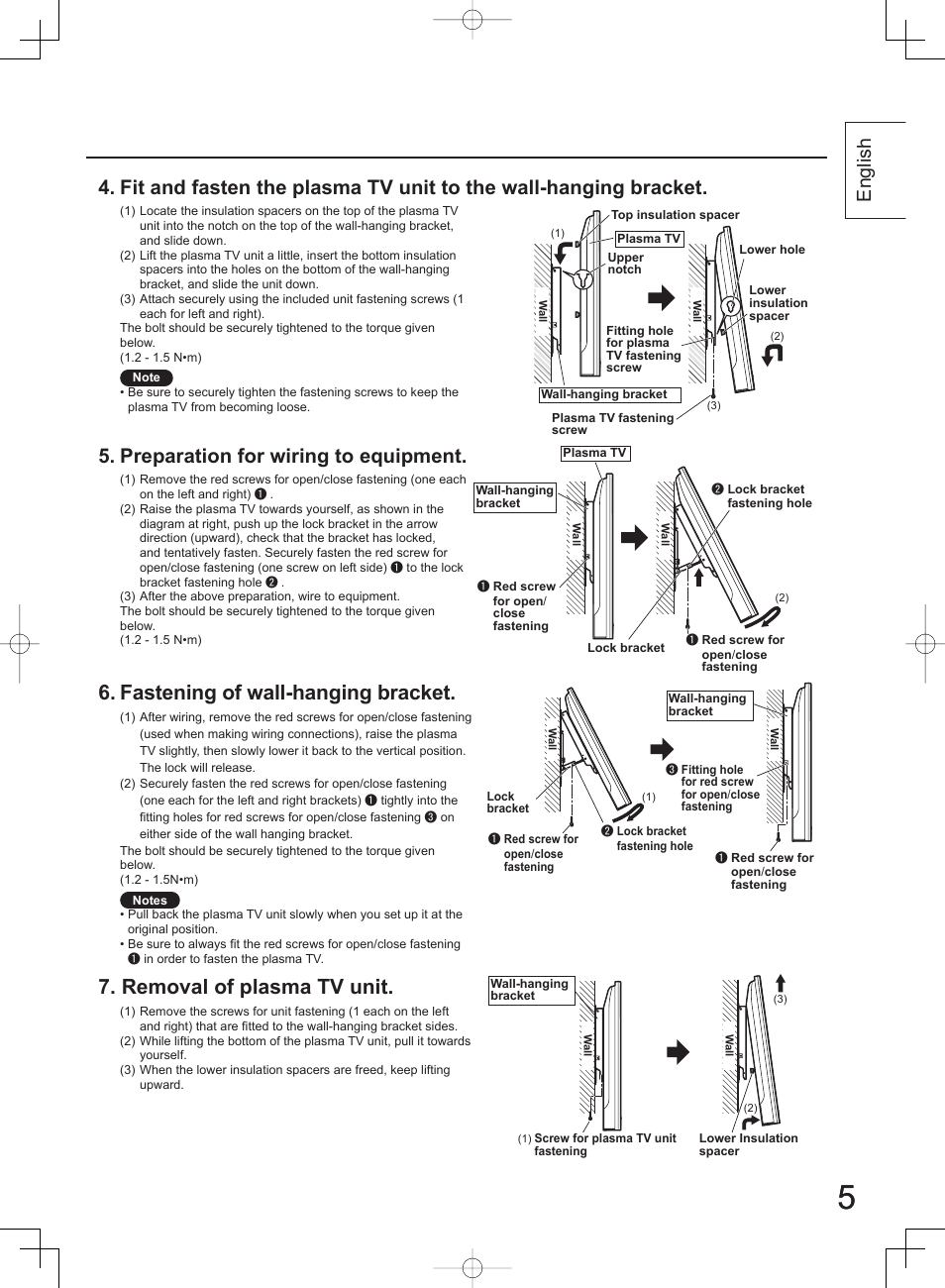 Fastening of wall-hanging bracket, Removal of plasma tv unit, Preparation for wiring to equipment | English | Panasonic TYWK42PV4W User Manual | Page 5 / 52