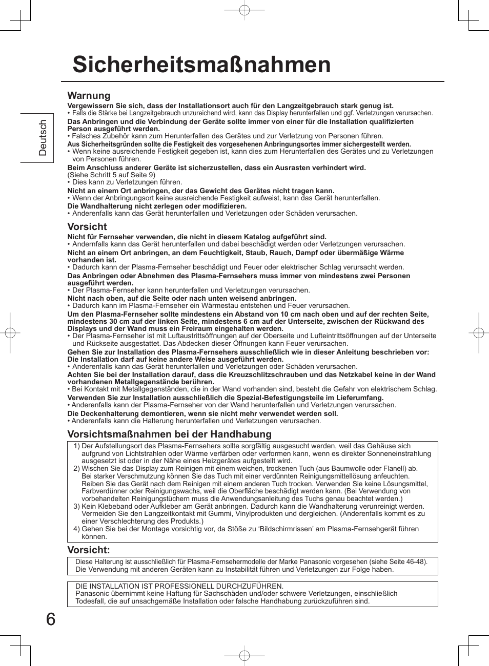 Sicherheitsmaßnahmen, Deutsch, Warnung | Vorsicht, Vorsichtsmaßnahmen bei der handhabung | Panasonic TYWK42PV4W User Manual | Page 6 / 52