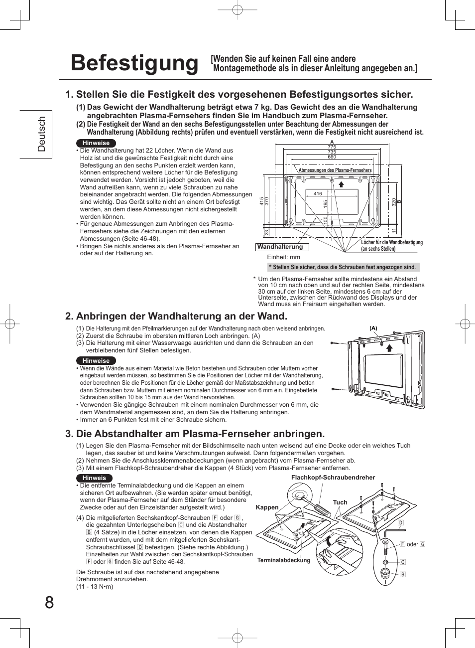 Befestigung, Anbringen der wandhalterung an der wand, Die abstandhalter am plasma-fernseher anbringen | Deutsch | Panasonic TYWK42PV4W User Manual | Page 8 / 52